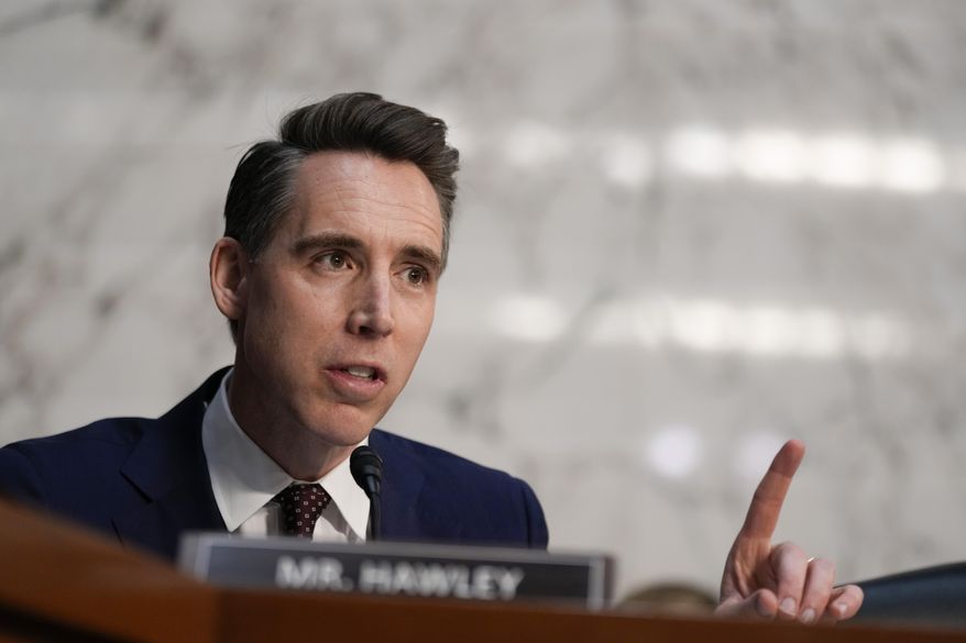 FILE - Sen. Josh Hawley, R-Mo., speaks during a confirmation hearing at the Capitol in Washington, Jan. 15, 2025. (AP Photo/Ben Curtis, File)