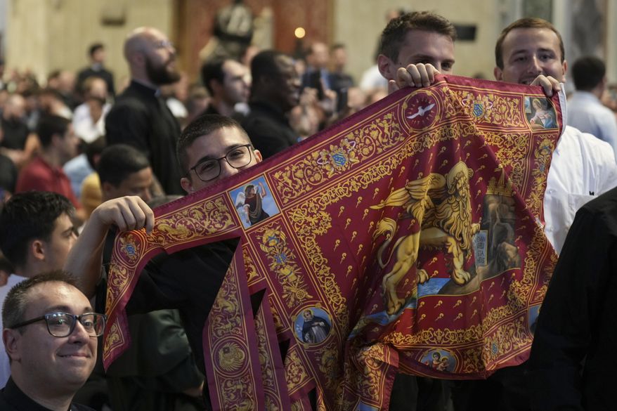 Seminarists attend Pope Leo XIV during a meditation with the participants into the Jubilee of Seminarists in St. Peter's Basilica at the Vatican, Tuesday, May 24, 2025. (AP Photo/Alessandra Tarantino)