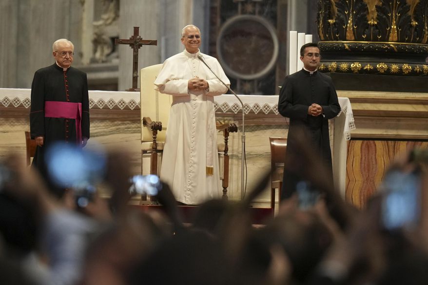 Pope Leo XIV leads a meditation with the participants into the Jubilee of Seminarists in St. Peter's Basilica at the Vatican, Tuesday, May 24, 2025. (AP Photo/Alessandra Tarantino)