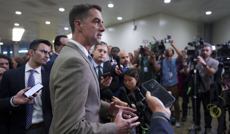 Sen. Tom Cotton, R-Ark., takes questions from reporters as senators depart a classified briefing on President Donald Trump's directed strikes on Iranian nuclear facilities last weekend, at the Capitol in Washington, Thursday, June 26, 2025. (AP Photo/J. Scott Applewhite)
