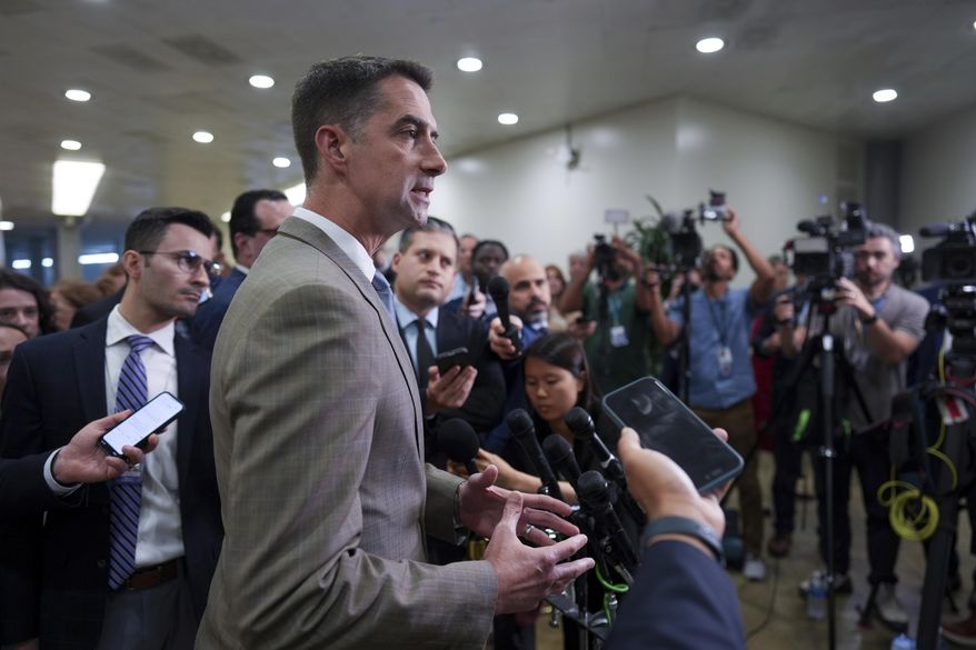 Sen. Tom Cotton, R-Ark., takes questions from reporters as senators depart a classified briefing on President Donald Trump's directed strikes on Iranian nuclear facilities last weekend, at the Capitol in Washington, Thursday, June 26, 2025. (AP Photo/J. Scott Applewhite)