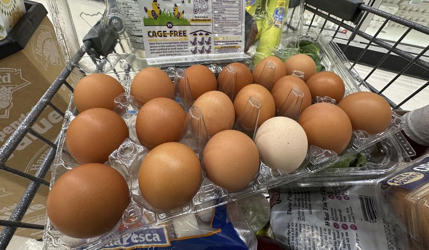 Eggs sit in a container in a shopping cart at a grocery store, Monday, Jan. 27, 2025, in Windham, Maine. (AP Photo/Robert F. Bukaty, File)