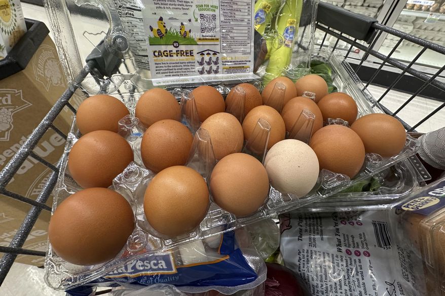 Eggs sit in a container in a shopping cart at a grocery store, Monday, Jan. 27, 2025, in Windham, Maine. (AP Photo/Robert F. Bukaty, File)