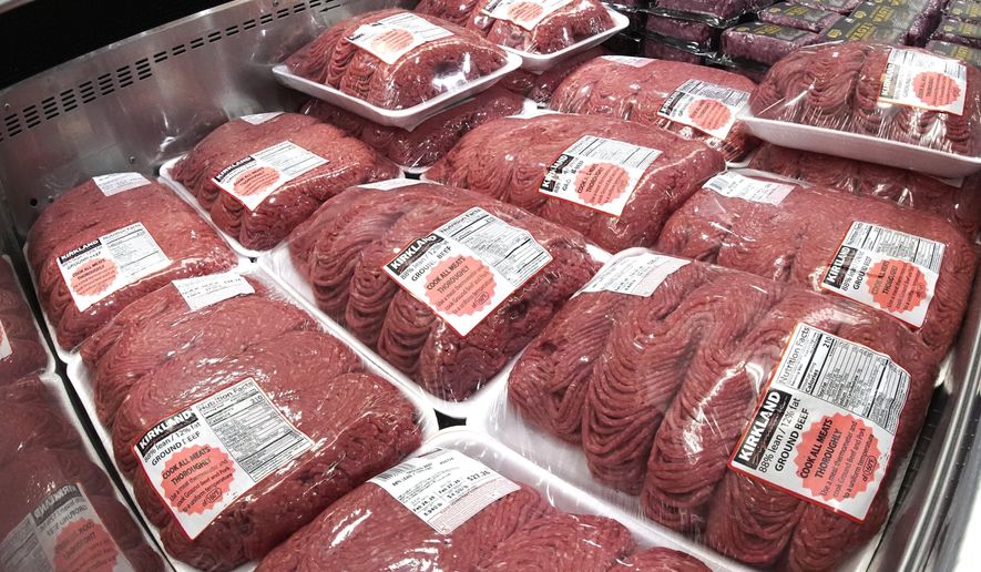 This is a cooler of ground beef in a Costco Warehouse in Pittsburgh on Wednesday, Feb. 26, 2025. (AP Photo/Gene J. Puskar, File)