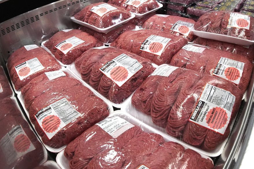 This is a cooler of ground beef in a Costco Warehouse in Pittsburgh on Wednesday, Feb. 26, 2025. (AP Photo/Gene J. Puskar, File)