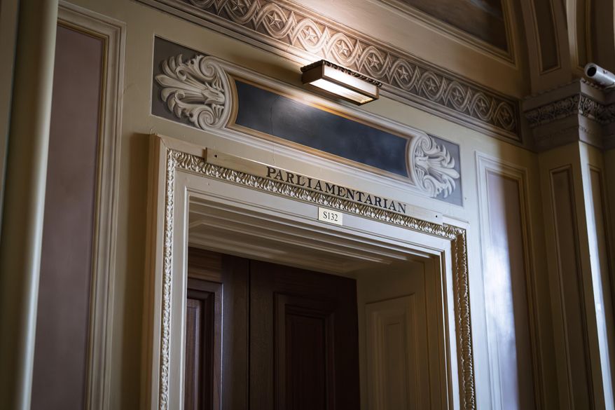 The office of Senate Parliamentarian Elizabeth MacDonough is seen at the Capitol in Washington, Friday, June 27, 2025. (AP Photo/J. Scott Applewhite)