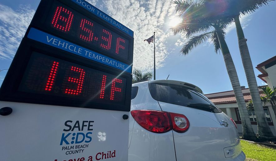 Outside temperature is displayed in comparison to the inside temperature of a vehicle on Thursday June 26, 2025 in Belle Glade, Fla. during an event to raise awareness about the dangers of leaving children unattended in vehicles. (AP Photo/Cody Jackson)