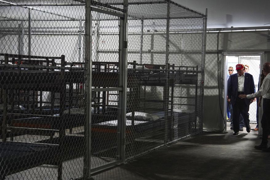 President Donald Trump tours "Alligator Alcatraz," a new migrant detention facility at Dade-Collier Training and Transition facility, Tuesday, July 1, 2025, in Ochopee, Fla. (AP Photo/Evan Vucci)