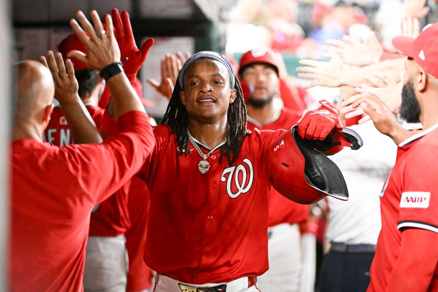 Washington Nationals shortstop C.J. Abrams (5) in the dugout after scoring on Nahaniel Lowe’s bases clearing triple during the eighth inning of an MLB game at Nationals Park in Washington D.C., July 2, 2025. (Photo by All-Pro Reels for Washington Times Sports)