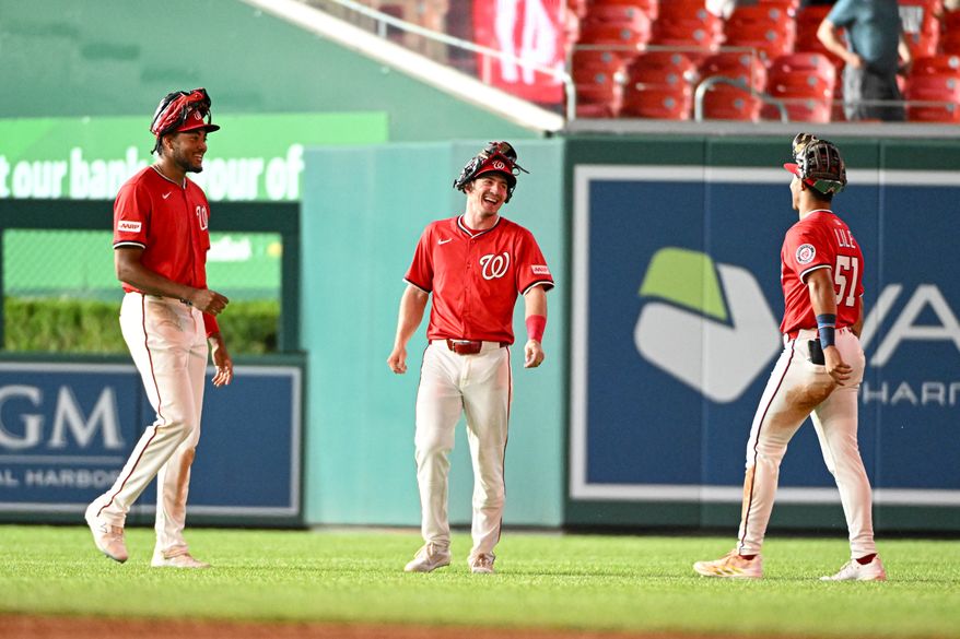 Washington Nationals outfielders James Wood (29), Jacob Young (30) and Daylen Lile (51) celebrate after the final out of the team’s 9-4 win over the Detroit Tigers at Nationals Park in Washington D.C., July 2, 2025. (Photo by All-Pro Reels for Washington Times Sports)