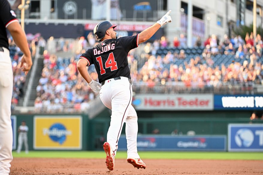 Washington Nationals designated hitter Paul DeJong (14) rounding the bases after hitting a three-run home run during the first inning of an MLB game against the Detroit Tigers at Nationals Park in Washington D.C., July 3, 2025. (Photo by All-Pro Reels for Washington Times Sports)