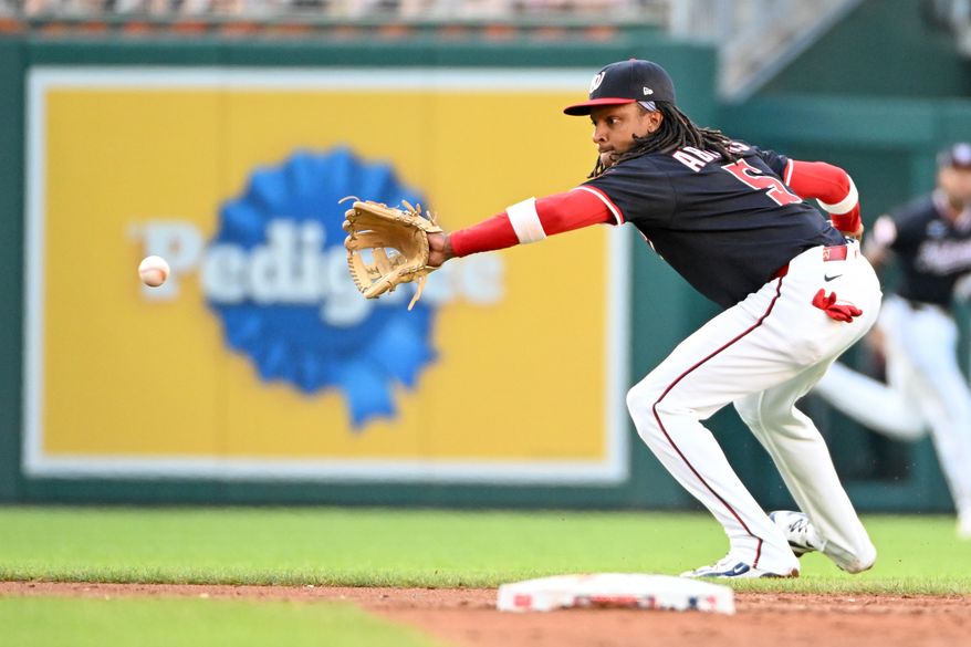 Washington Nationals shortstop C.J. Abrams (5) fielding a ground ball during the second inning of an MLB game against the Detroit Tigers at Nationals Park in Washington D.C., July 3, 2025. (Photo by All-Pro Reels for Washington Times Sports)