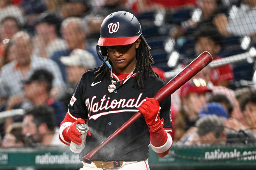 Washington Nationals shortstop C.J. Abrams (5) in the on deck circle during the seventh inning of an MLB game against the Detroit Tigers at Nationals Park in Washington D.C., July 3, 2025. (Photo by All-Pro Reels for Washington Times Sports)