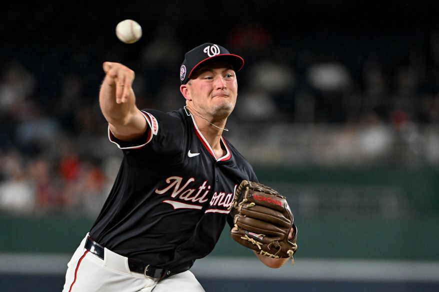 Washington Nationals relief pitcher Brad Lord (61) throwing a pitch during the eighth inning of an MLB game against the Detroit Tigers at Nationals Park in Washington D.C., July 3, 2025. (Photo by All-Pro Reels for Washington Times Sports)