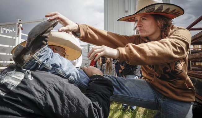 Emma Eastwood, from Lacombe, Alberta, stretches before competing in women's ranch bronc during rodeo action in Crossfield, Alberta, Saturday, June 14, 2025. (Jeff McIntosh/The Canadian Press via AP)