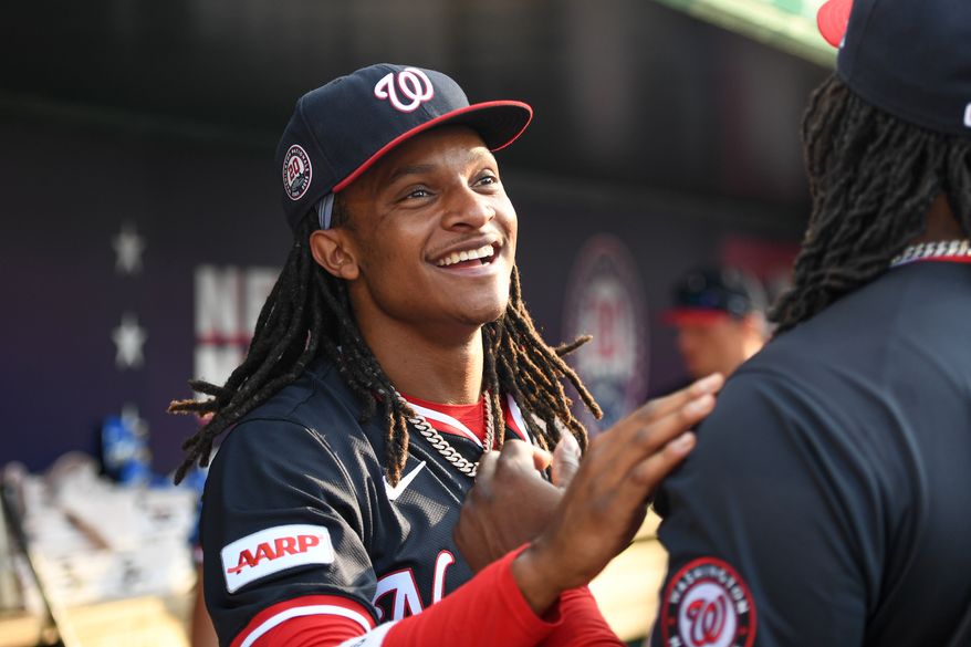 Washington Nationals shortstop C.J. Abrams (5) in the dugout before the start of an MLB game against the Detroit Tigers at Nationals Park in Washington D.C., July 3, 2025. (Photo by All-Pro Reels for Washington Times Sports)