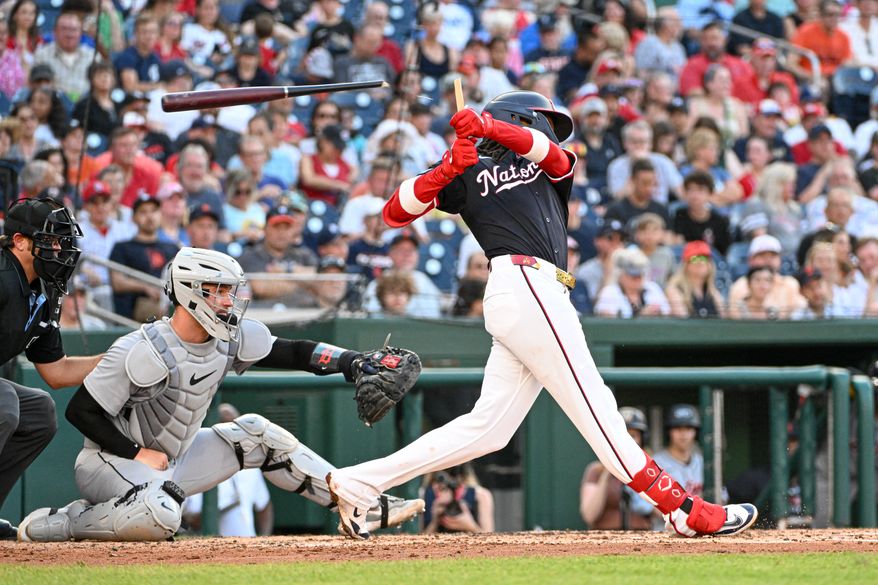 Washington Nationals shortstop C.J. Abrams (5) breaking his bat during the second inning of an MLB game against the Detroit Tigers at Nationals Park in Washington D.C., July 3, 2025. (Photo by All-Pro Reels for Washington Times Sports)