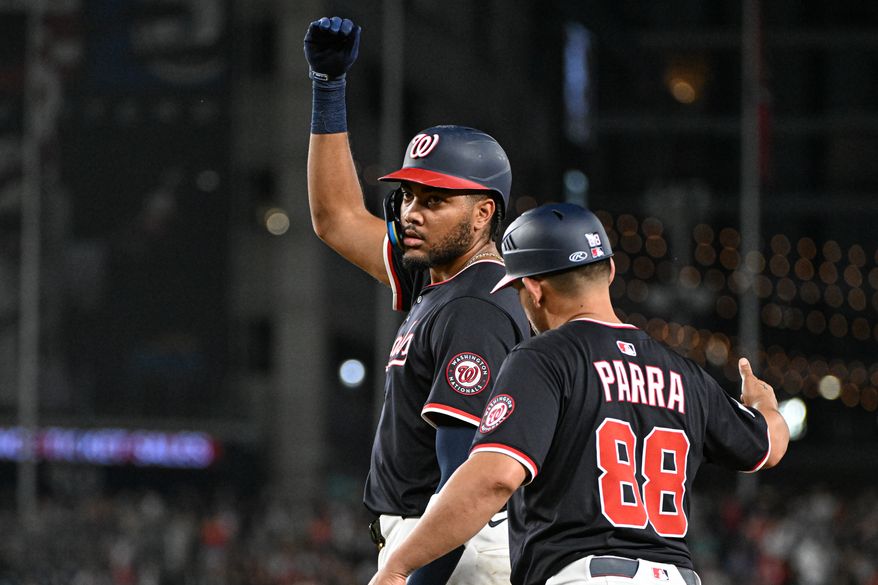 Washington Nationals left fielder James Wood (29) standing on first base after hitting a single during the eighth inning of an MLB game against the Detroit Tigers at Nationals Park in Washington D.C., July 3, 2025. (Photo by All-Pro Reels for Washington Times Sports)