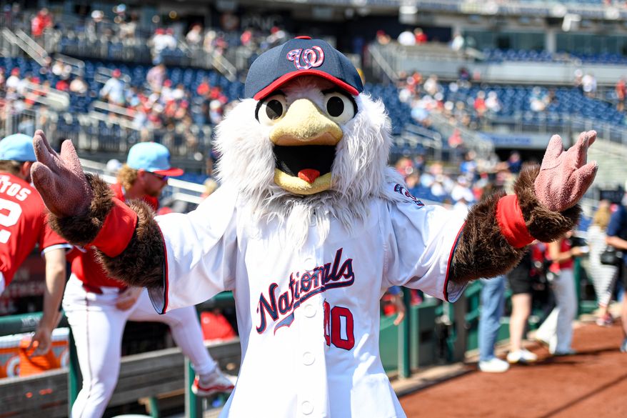 Washington Natinoals mascot Screech on the field before the start of an MLB game against the Boston Red Sox at Nationals Park in Washington D.C., July 4, 2025. (Photo by All-Pro Reels for Washington Times Sports)