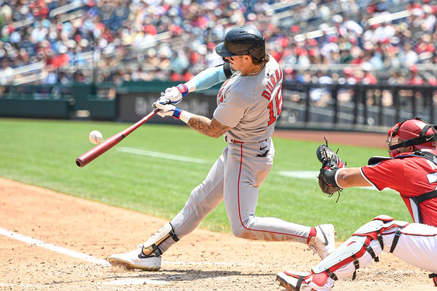 Boston Red Sox left fielder Jarren Duran (16) hitting a double during the fifth inning of an MLB game against the Washington Nationals at Nationals Park in Washington D.C., July 4, 2025. (Photo by All-Pro Reels for Washington Times Sports)