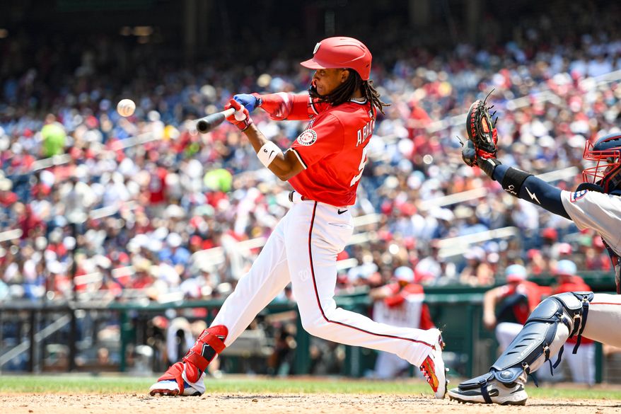 Washington Nationals shortstop C.J. Abrams (5) hitting a single during the sixth inning of an MLB game against the Boston Red Sox at Nationals Park in Washington D.C., July 4, 2025. (Photo by All-Pro Reels for Washington Times Sports)