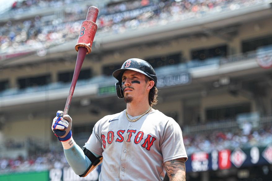 Boston Red Sox left fielder Jarren Duran (16) in the on deck circle during the seventh inning of an MLB game against the Washington Nationals at Nationals Park in Washington D.C., July 4, 2025. (Photo by All-Pro Reels for Washington Times Sports)