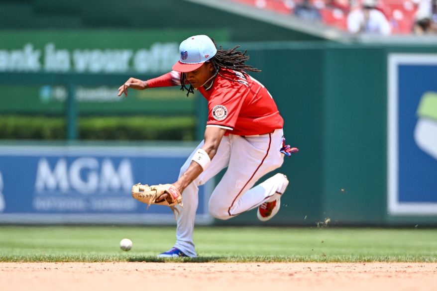 Washington Nationals shortstop C.J. Abrams (5) reaches for a bal lhit by Boston Red Sox catcher Carlos Narvaez (75) during the eighth inning of an MLB game at Nationals Park in Washington D.C., July 4, 2025. (Photo by All-Pro Reels for Washington Times Sports)
