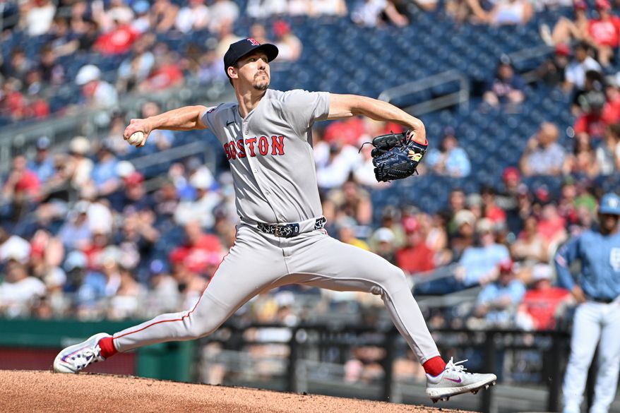 Boston Red Sox starting pitcher Walker Buehler (0) throwing a pitch during the first inning of an MLB game against the Washington Nationals at Nationals Park in Washington D.C., July 5, 2025. (Photo by All-Pro Reels for Washington Times Sports)