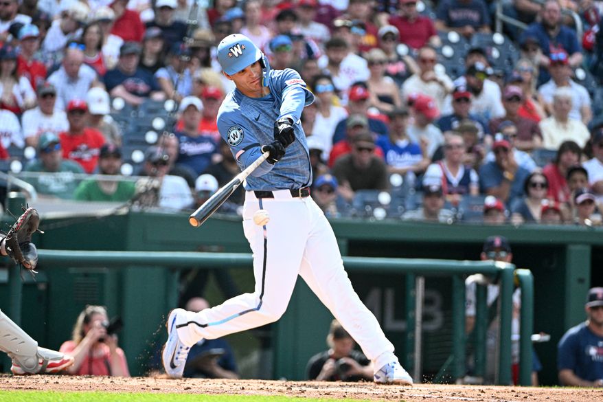 Washington Nationals third baseman Brady House (55) hitting a single during the second inning of an MLB game against the Boston Red Sox at Nationals Park in Washington D.C., July 5, 2025. (Photo by All-Pro Reels for Washington Times Sports)