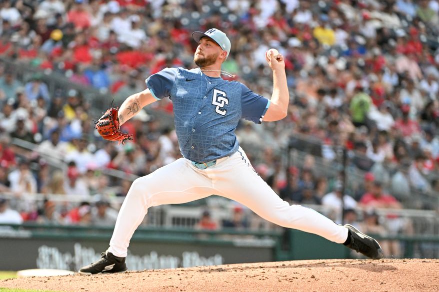 Washington Nationals starting pitcher Mitchell Parker (70) throwing a pitch during the third inning of an MLB game against the Boston Red Sox at Nationals Park in Washington D.C., July 5, 2025. (Photo by All-Pro Reels for Washington Times Sports)