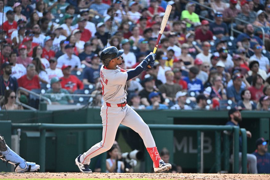 Boston Red Sox centerfielder Ceddanne Rafaela (3) hitting a two-run home run during the third inning of an MLB game against the Washington Nationals at Nationals Park in Washington D.C., July 5, 2025. (Photo by All-Pro Reels for Washington Times Sports)