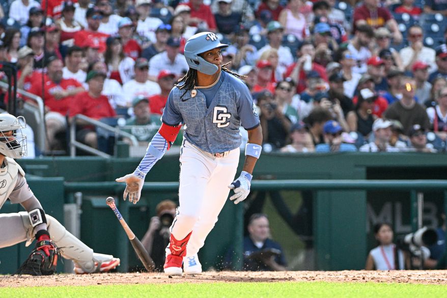 Washington Nationals shortstop C.J. Abrams (5) hitting a single during the third inning of an MLB game against the Boston Red Sox at Nationals Park in Washington D.C., July 5, 2025. (Photo by All-Pro Reels for Washington Times Sports)