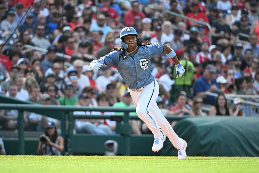 Washington Nationals shortstop C.J. Abrams (5) running home on the way to scoring during the third inning of an MLB game against the Boston Red Sox at Nationals Park in Washington D.C., July 5, 2025. (Photo by All-Pro Reels for Washington Times Sports)