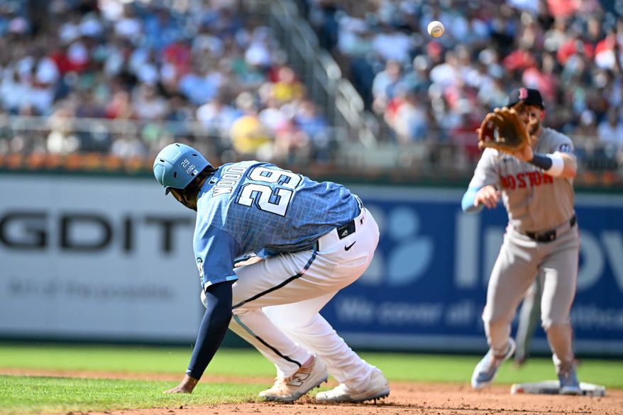 Washington Nationals left fielder James Wood (29) getting caught in a rundown during the third inning of an MLB game against the Boston Red Sox at Nationals Park in Washington D.C., July 5, 2025. (Photo by All-Pro Reels for Washington Times Sports)