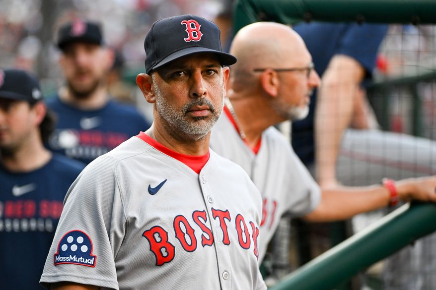 Boston Red Sox manager Alex Cora in the dugout during the seventh inning of an MLB game against the Washington Nationals at Nationals Park in Washington D.C., July 5, 2025. (Photo by All-Pro Reels for Washington Times Sports)