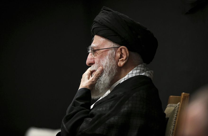 In this photo provided by the Office of the Iranian Supreme Leader, Supreme Leader Ayatollah Ali Khamenei attends a mourning ceremony commemorating the death anniversary of the Prophet Muhammad's grandson, Hussein, in Tehran, Iran, on Saturday, July 6, 2025. (Office of the Iranian Supreme Leader via AP)