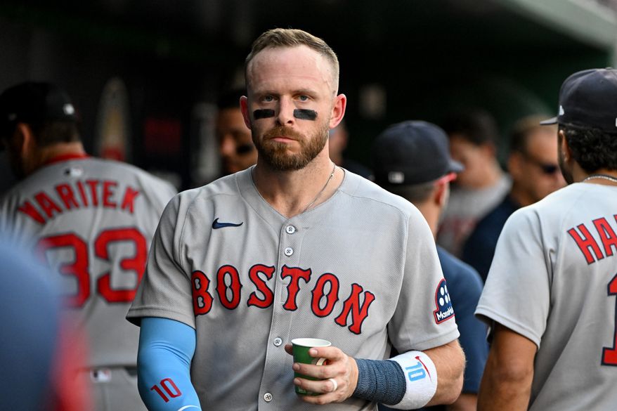 Boston Red Sox shortstop Trevor Story (10) in the dugout during the fifth inning of an MLB game against the Washington Nationals at Nationals Park in Washington D.C., July 5, 2025. (Photo by All-Pro Reels for Washington Times Sports)