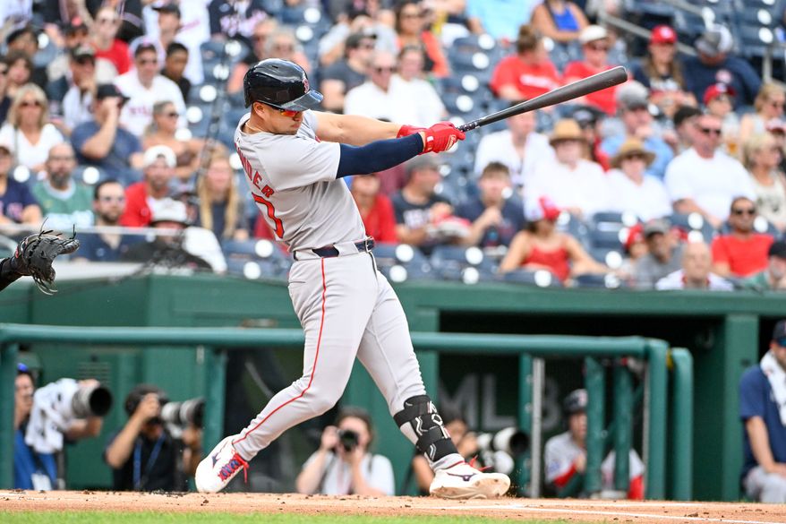 Boston Red Sox designated hitter Rob Refsnyder (30) hitting a double during the first inning of an MLB game against the Washington Nationals at Nationals Park in Washington D.C., July 6, 2025. (Photo by All-Pro Reels for Washington Times Sports)