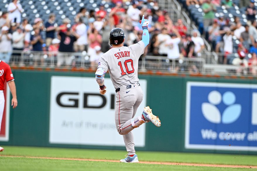 Boston Red Sox shortstop Trevor Story (10) rounding the bases after hitting a home run during the first inning of an MLB game against the Washington Nationals at Nationals Park in Washington D.C., July 6, 2025. (Photo by All-Pro Reels for Washington Times Sports)