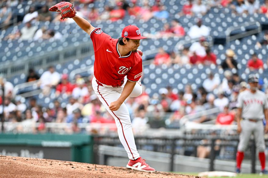 Washington Natioanls starting pitcher Shinnosuke Ogasawara (16) throwing a pitch during the second inning of an MLB game against the Boston Red Sox at Nationals Park in Washington D.C., July 6, 2025. (Photo by All-Pro Reels for Washington Times Sports)