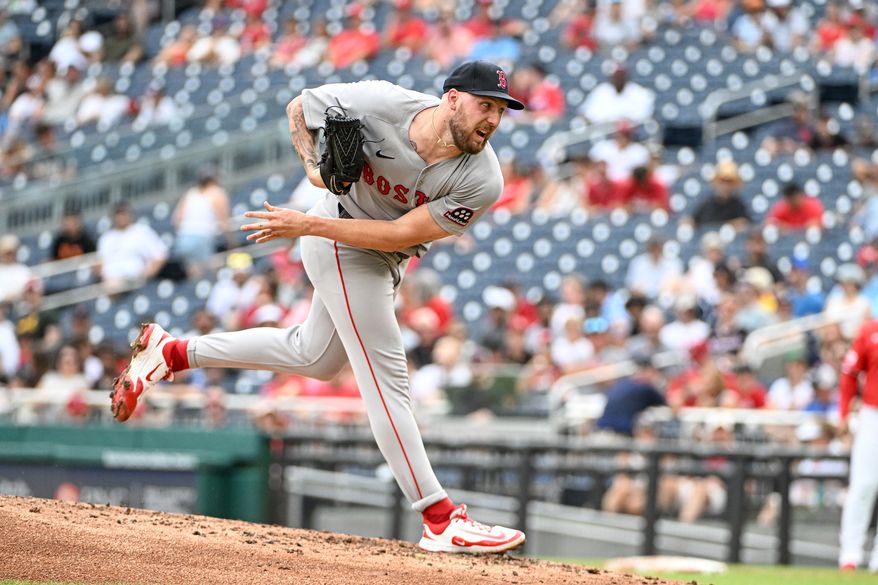 Boston Red Sox starting pitcher Garrett Crochet (35) throwing a pitch during the second inning of an MLB game against the Washington Nationals at Nationals Park in Washington D.C., July 6, 2025. (Photo by All-Pro Reels for Washington Times Sports)