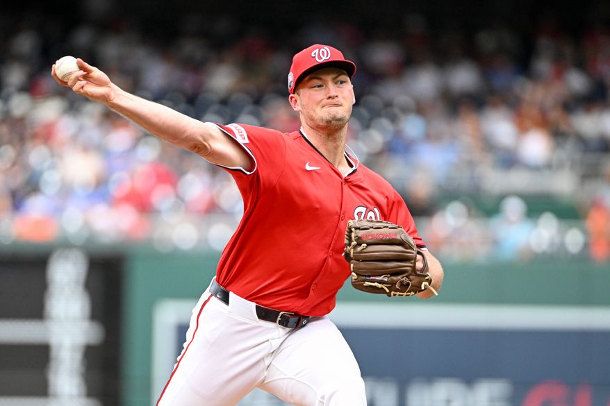 Washington Nationals relief pitcher Brad Lord (61) throwing a pitch during the fifth inning of an MLB game against the Boston Red Sox at Nationals Park in Washington D.C., July 6, 2025. (Photo by All-Pro Reels for Washington Times Sports)