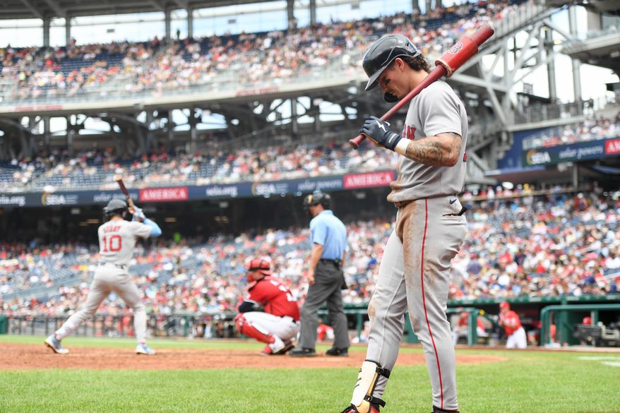 Boston Red Sox left fielder Jarren Duran (16) in the on deck cirlce during the fifth inning of an MLB game against the Washington Nationals at Nationals Park in Washington D.C., July 6, 2025. (Photo by All-Pro Reels for Washington Times Sports)