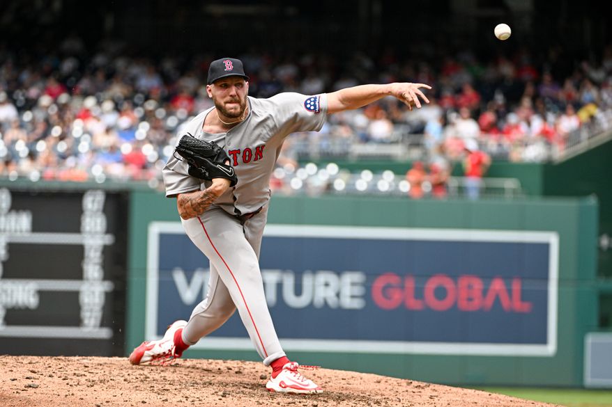 Boston Red Sox starting pitcher Garrett Crochet (35) throwing a pitch during the fifth inning of an MLB game against the Washington Nationals at Nationals Park in Washington D.C., July 6, 2025. (Photo by All-Pro Reels for Washington Times Sports)