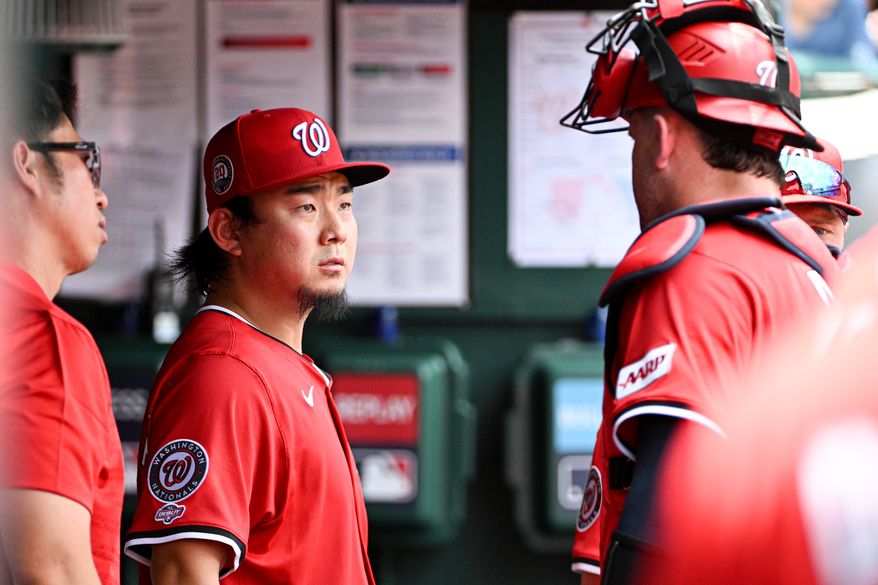 Washington Natioanls starting pitcher Shinnosuke Ogasawara (16) talking with catcher Riley Adams (15) in the dugout before the start of an MLB game against the Boston Red Sox at Nationals Park in Washington D.C., July 6, 2025. (Photo by All-Pro Reels for Washington Times Sports)