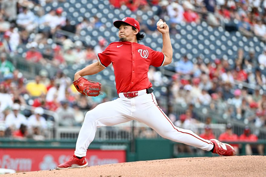 Washington Natioanls starting pitcher Shinnosuke Ogasawara (16) throwing a pitch during the first inning of an MLB game against the Boston Red Sox at Nationals Park in Washington D.C., July 6, 2025. (Photo by All-Pro Reels for Washington Times Sports)