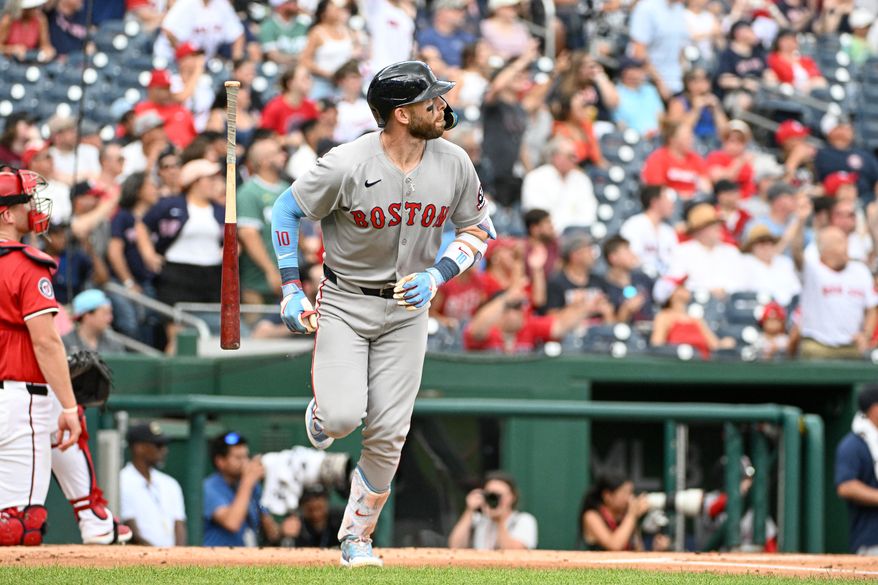 Boston Red Sox shortstop Trevor Story (10) watching his home run during the first inning of an MLB game against the Washington Nationals at Nationals Park in Washington D.C., July 6, 2025. (Photo by All-Pro Reels for Washington Times Sports)