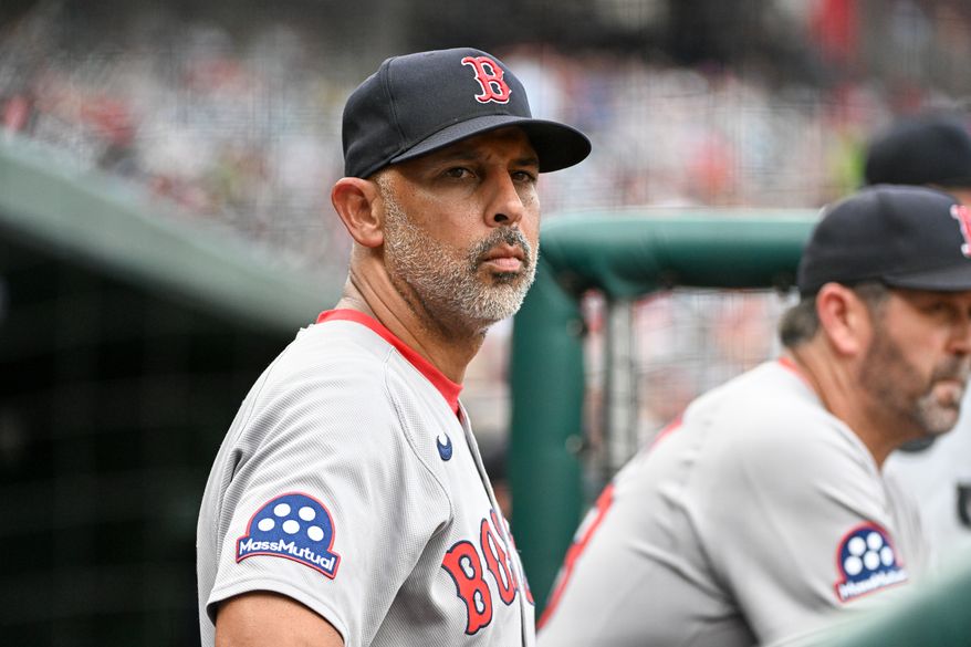 Boston Red Sox manager Alex Cora in the dugout during the seventh inning of an MLB game against the Washington Nationals at Nationals Park in Washington D.C., July 6, 2025. (Photo by All-Pro Reels for Washington Times Sports)