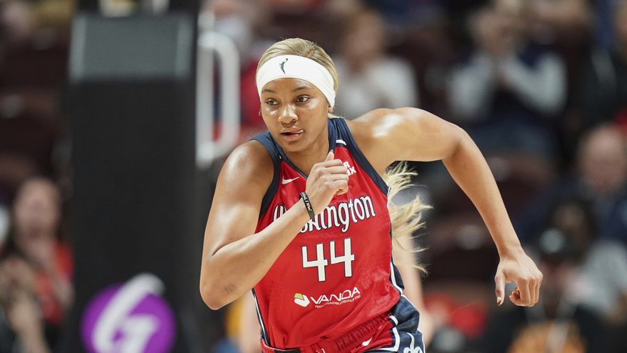 Washington Mystics forward Kiki Iriafen (44) during a WNBA basketball game against the Connecticut Sun in Uncasville, Conn., Sunday, May 18, 2025. (AP Photo/Vera Nieuwenhuis) ** FILE**