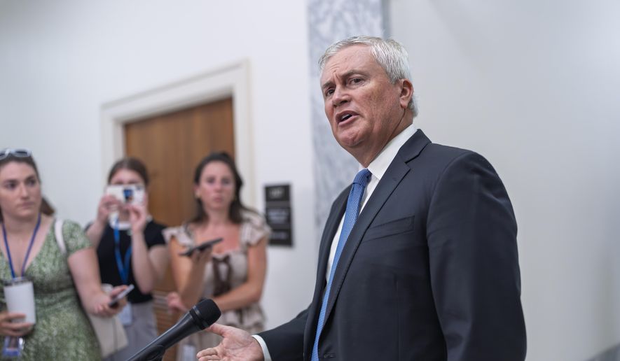 Rep. Jamie Comer, R-Ky., chairman of the House Oversight and Accountability Committee, talks to reporters briefly at the Capitol in Washington, Wednesday, July 9, 2025. (AP Photo/J. Scott Applewhite) ** FILE **